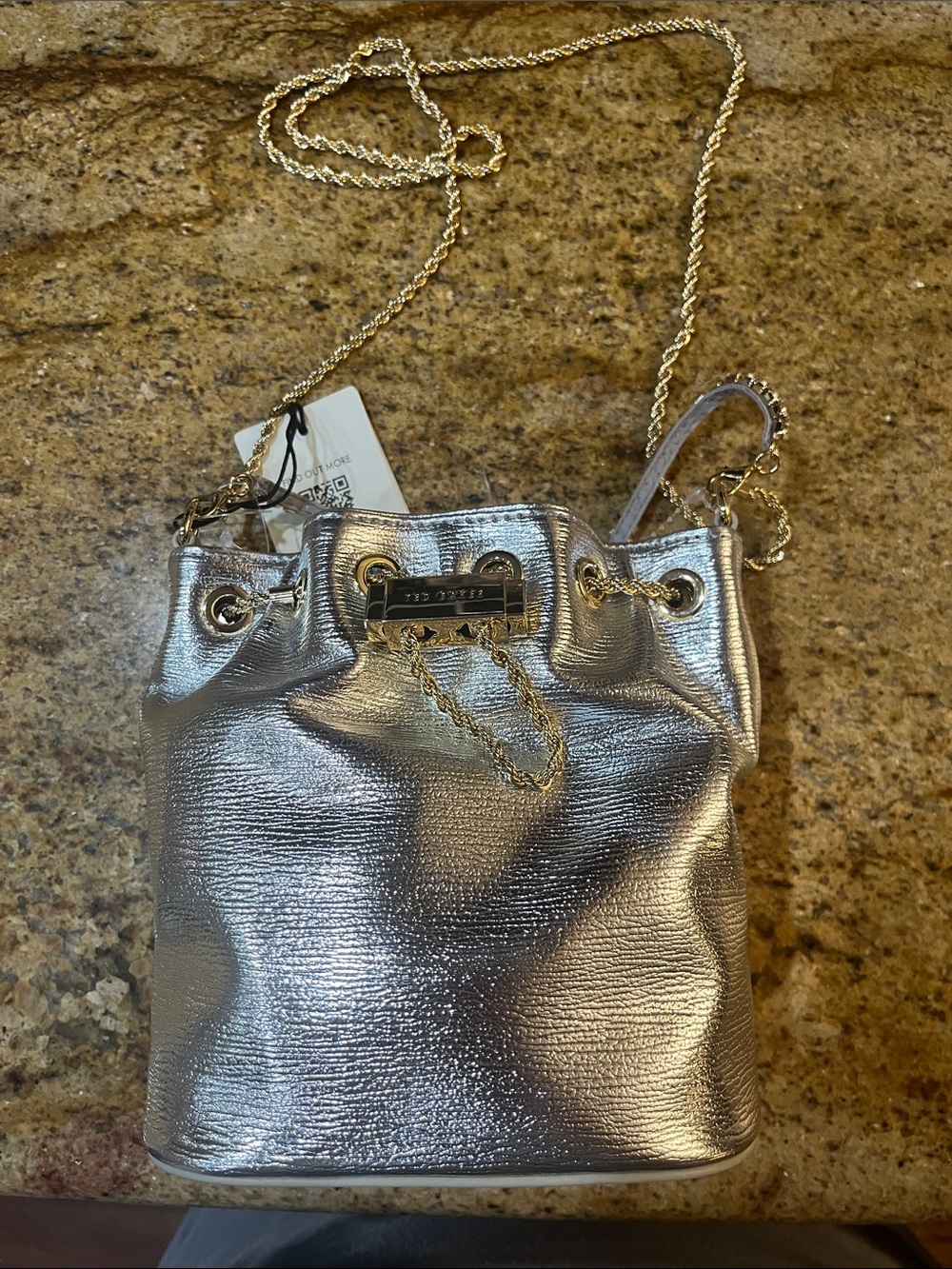 Ted Baker Metallic Silver Drawstring Crossbody Bag with Chain Strap